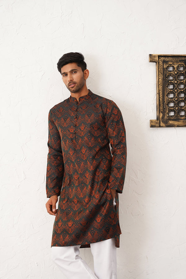 Men Bronze Silk Blend Straight Kurta Pyjama Set