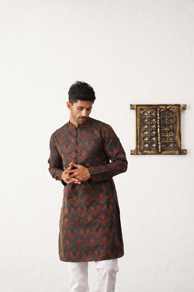 Men Bronze Silk Blend Straight Kurta Pyjama Set