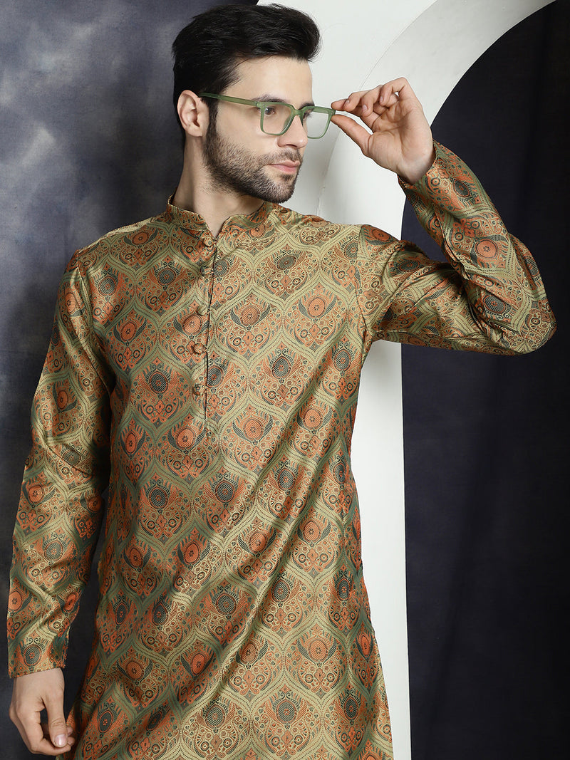 Men Golden Silk Blend Straight Kurta Pyjama Set ( JOKP P 5043Golden )