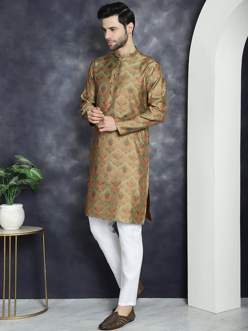 Men Golden Silk Blend Straight Kurta Pyjama Set ( JOKP P 5043Golden )