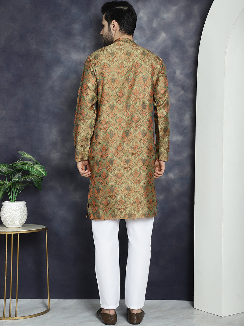 Men Golden Silk Blend Straight Kurta Pyjama Set ( JOKP P 5043Golden )