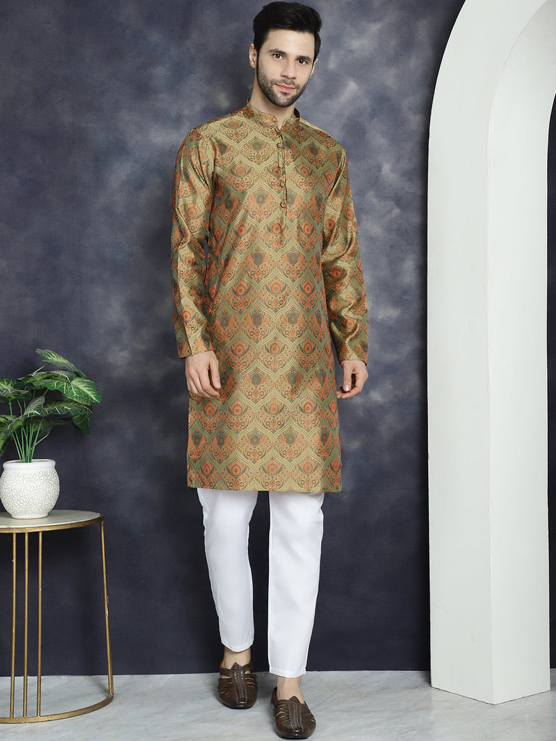 Men Golden Silk Blend Straight Kurta Pyjama Set ( JOKP P 5043Golden )