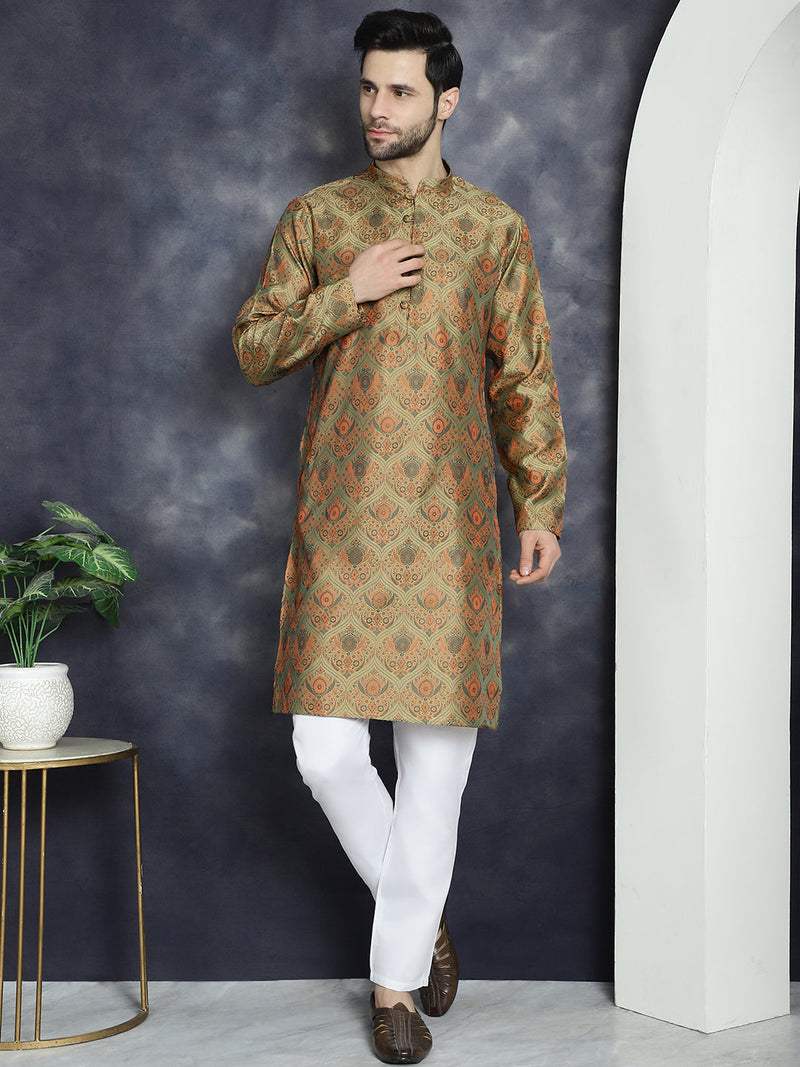 Men Golden Silk Blend Straight Kurta Pyjama Set ( JOKP P 5043Golden )