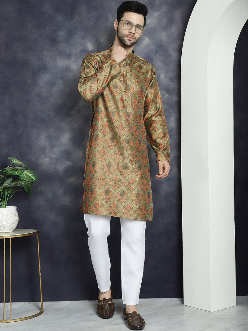 Men Golden Silk Blend Straight Kurta Pyjama Set ( JOKP P 5043Golden )