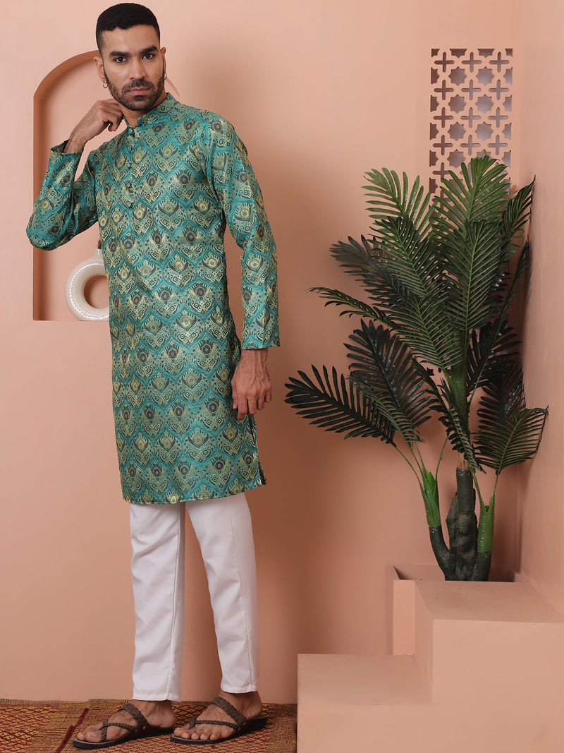 Men Green Silk Blend Straight Kurta Pyjama Set