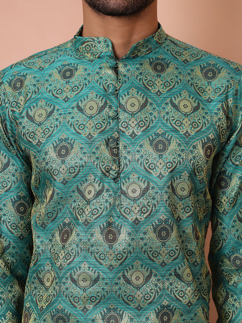 Men Green Silk Blend Straight Kurta Pyjama Set