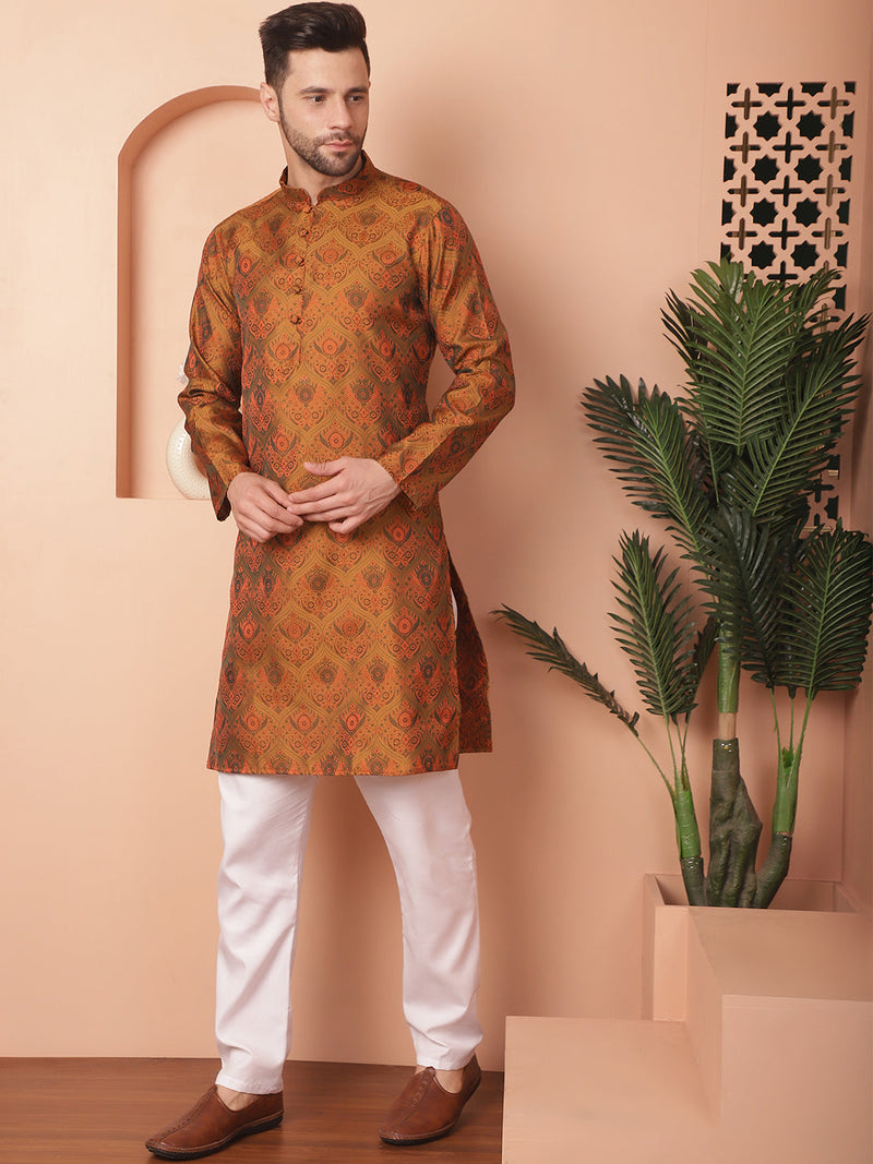 Men Golden Silk Blend Straight Kurta Pyjama Set