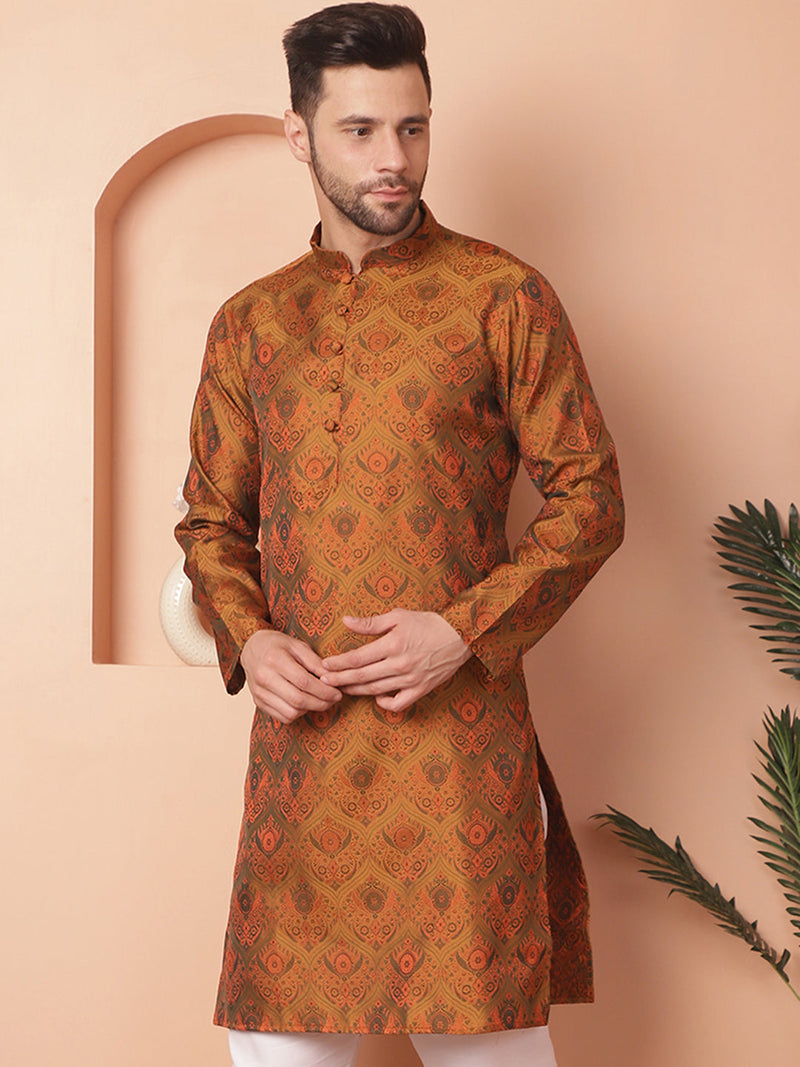 Men Golden Silk Blend Straight Kurtas