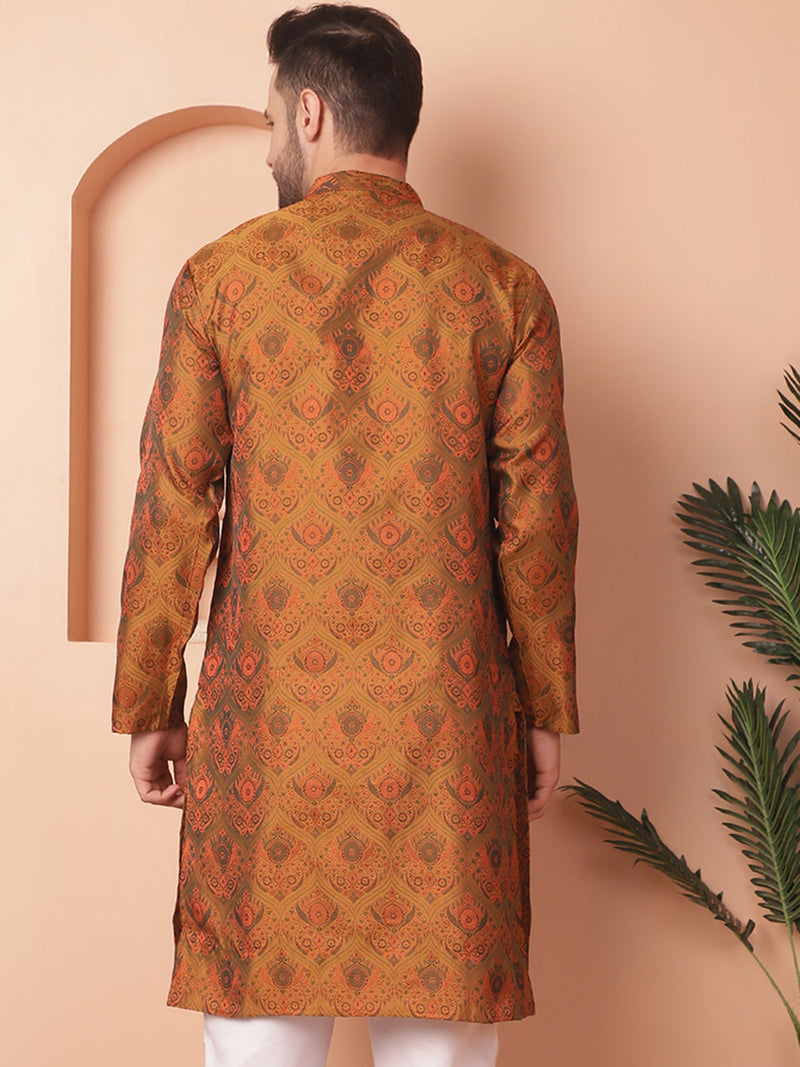 Men Golden Silk Blend Straight Kurtas