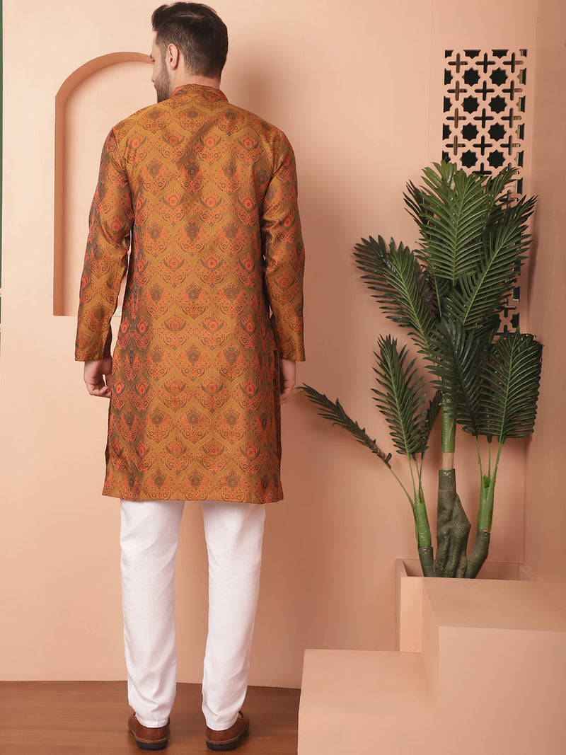 Men Golden Silk Blend Straight Kurta Pyjama Set