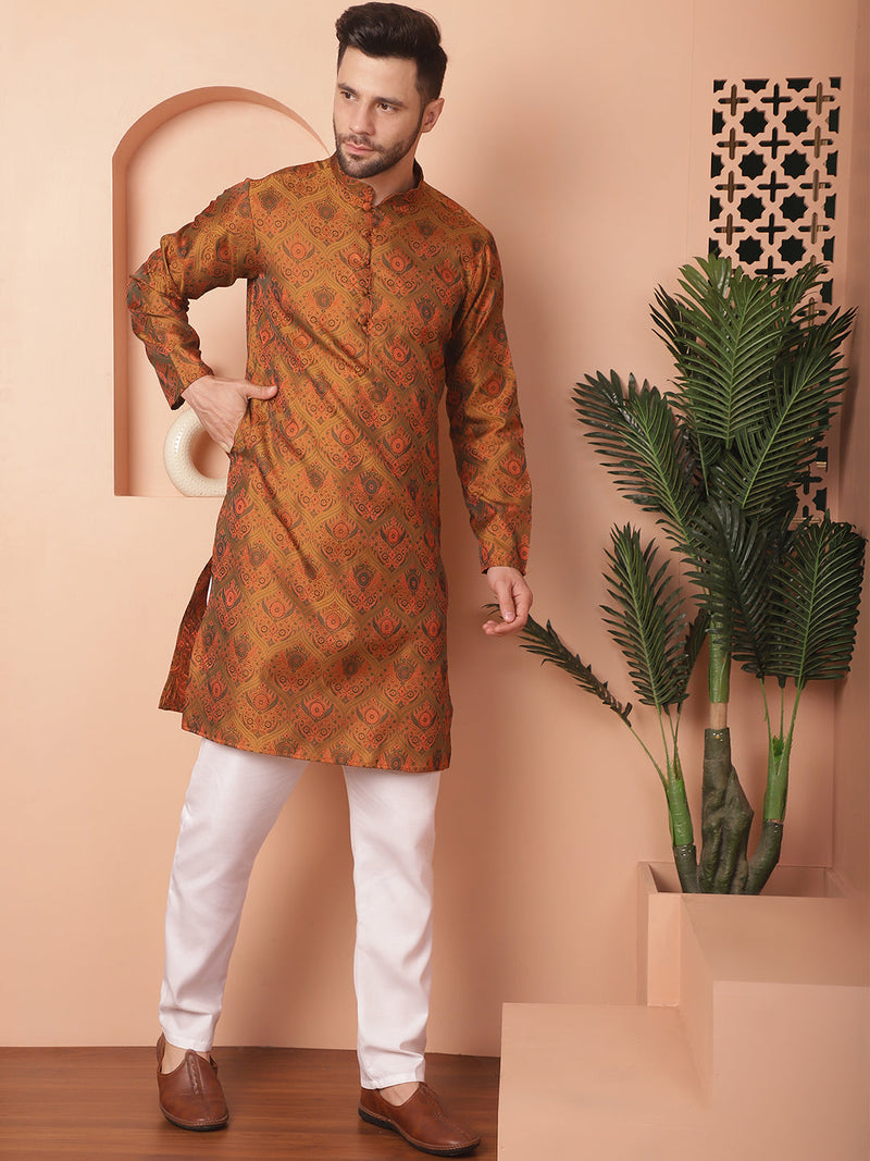 Men Golden Silk Blend Straight Kurta Pyjama Set