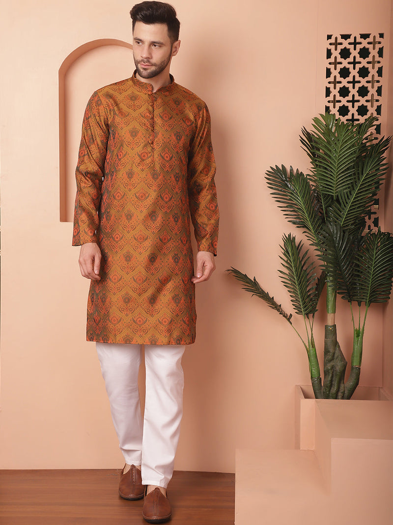 Men Golden Silk Blend Straight Kurtas