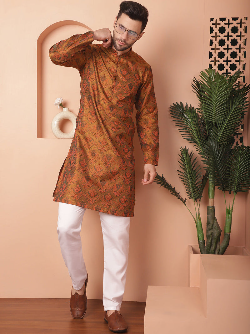 Men Golden Silk Blend Straight Kurta Pyjama Set