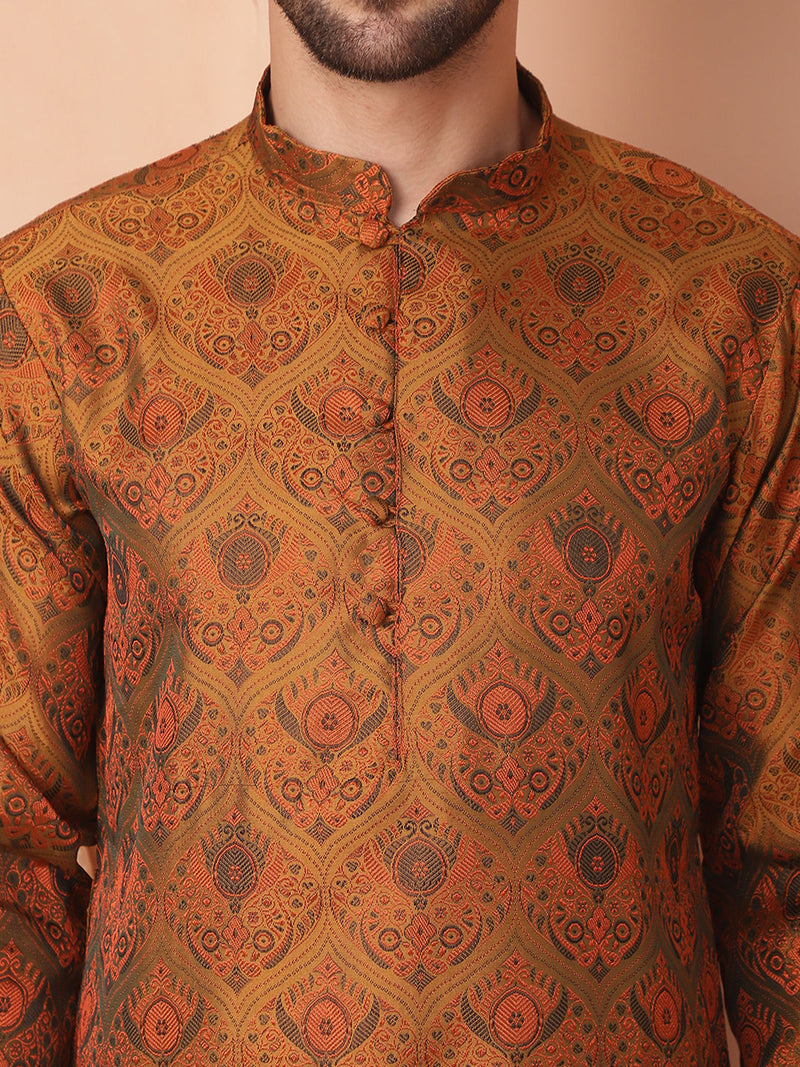 Men Golden Silk Blend Straight Kurta Pyjama Set