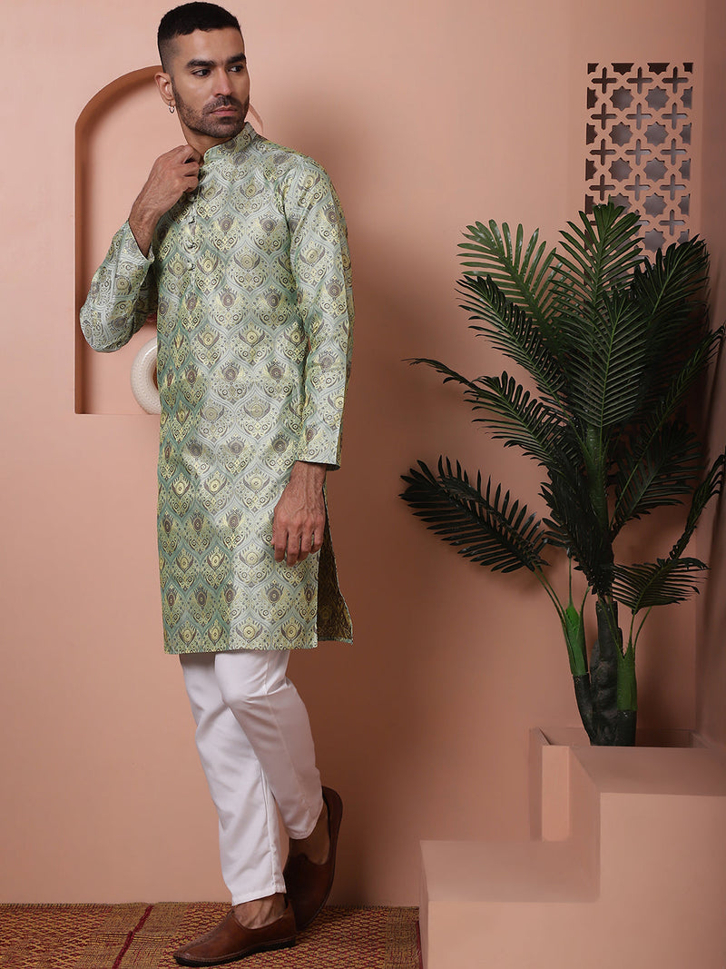 Men Pista Green Silk Blend Straight Kurta Pyjama Set