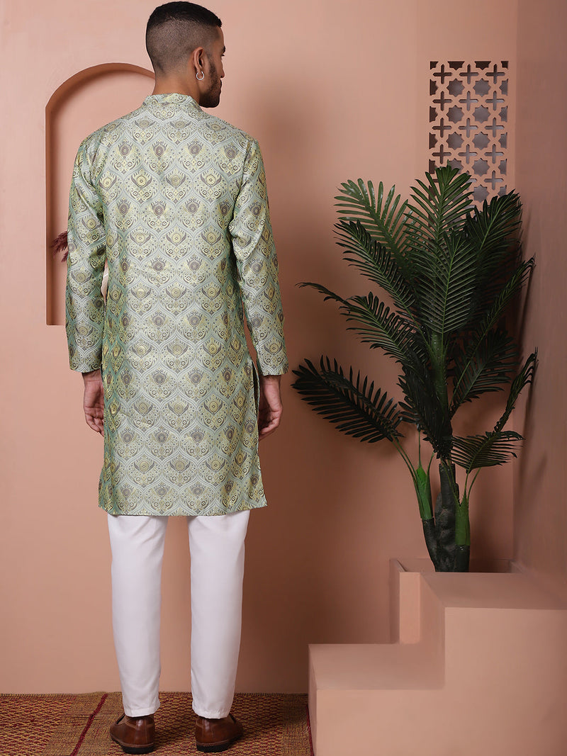 Men Pista Green Silk Blend Straight Kurta Pyjama Set