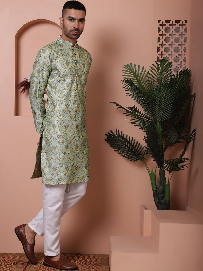 Men Pista Green Silk Blend Straight Kurta Pyjama Set