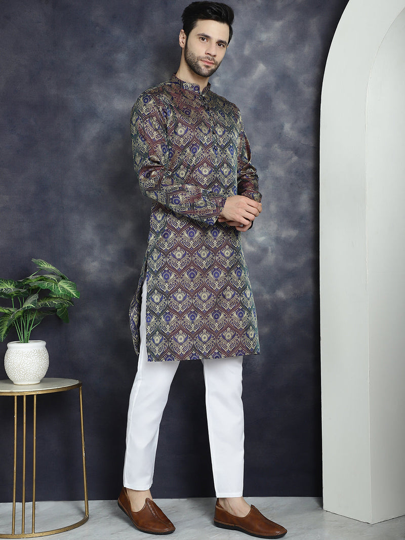 Men Purple Silk Blend Straight Kurta Pyjama Set ( JOKP P 5043Purple )