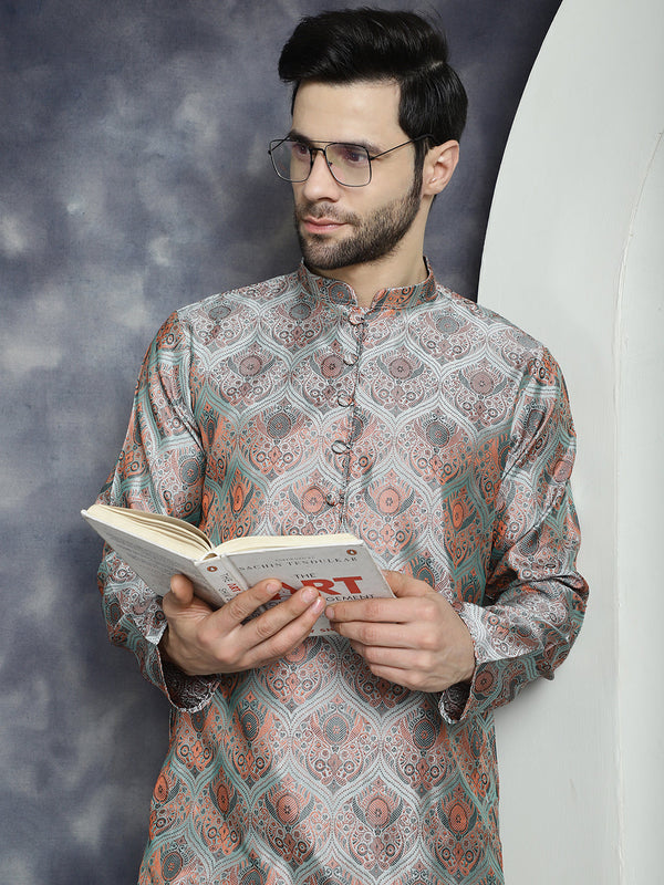 Men Silver Silk Blend Straight Kurta Pyjama Set ( JOKP P 5043Silver )