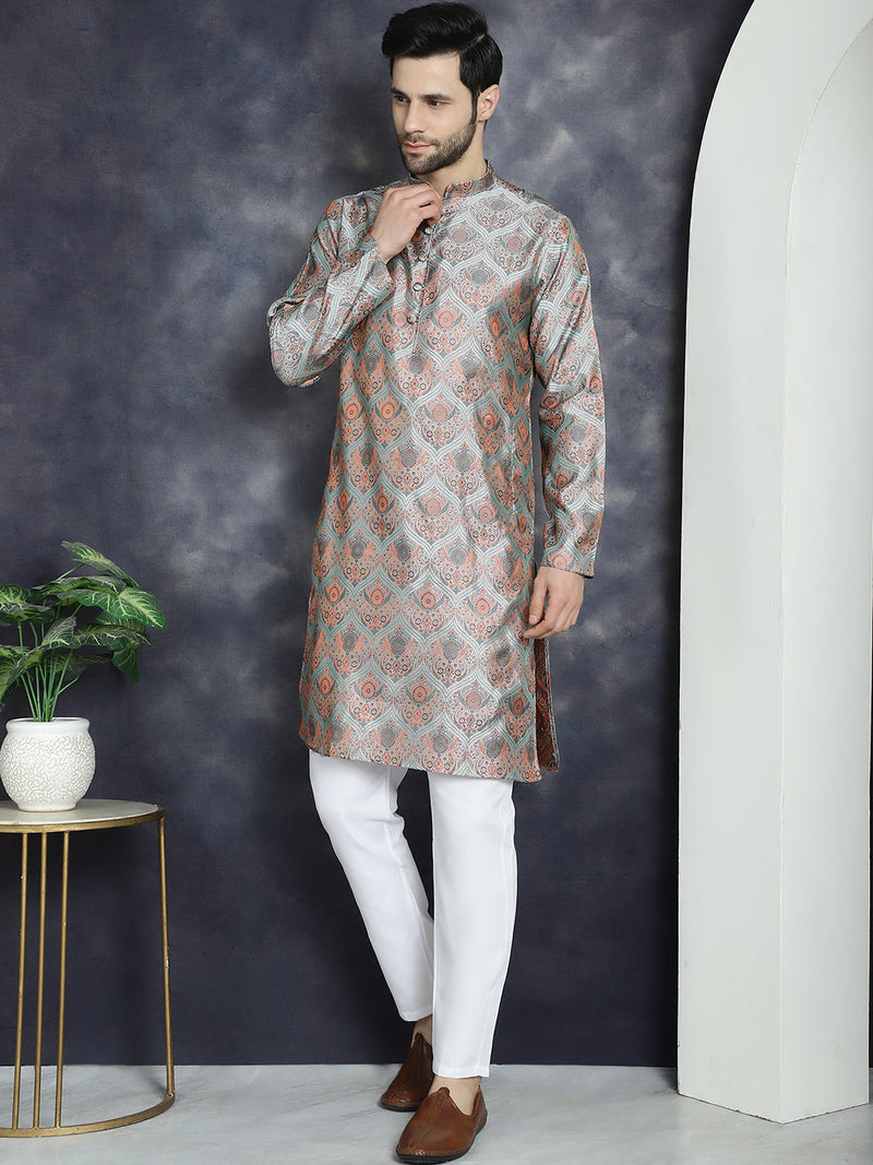 Men Silver Silk Blend Straight Kurta Pyjama Set ( JOKP P 5043Silver )