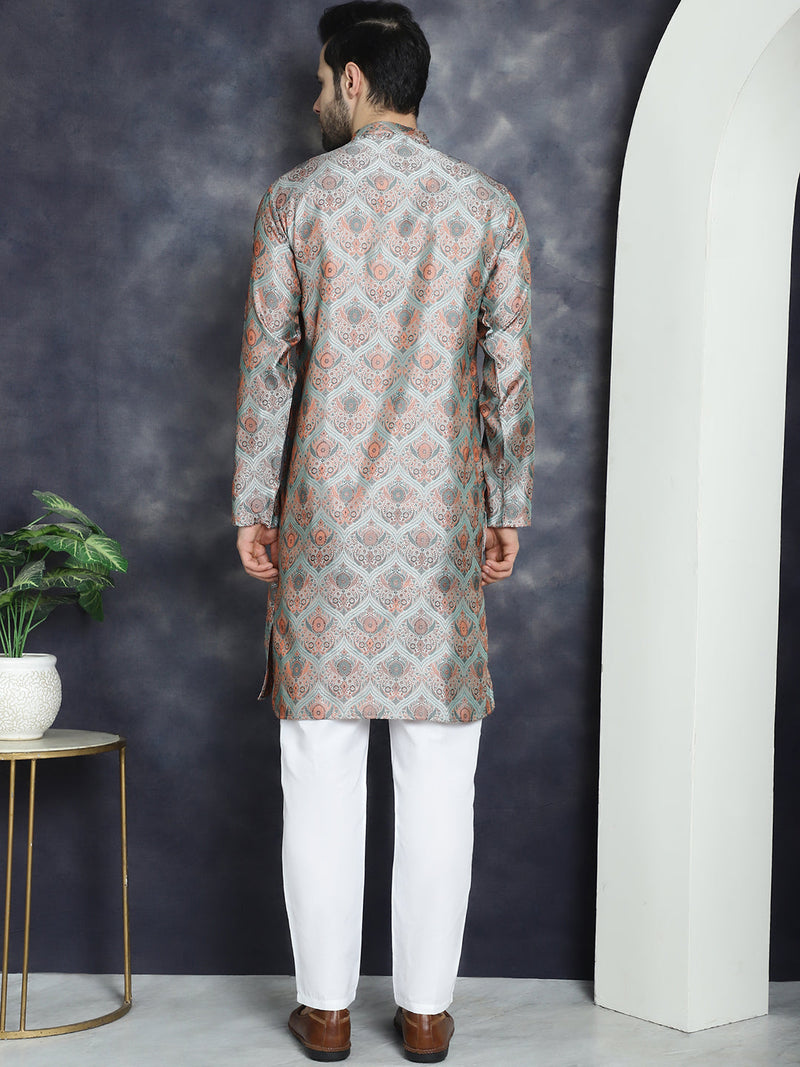 Men Silver Silk Blend Straight Kurta Pyjama Set ( JOKP P 5043Silver )