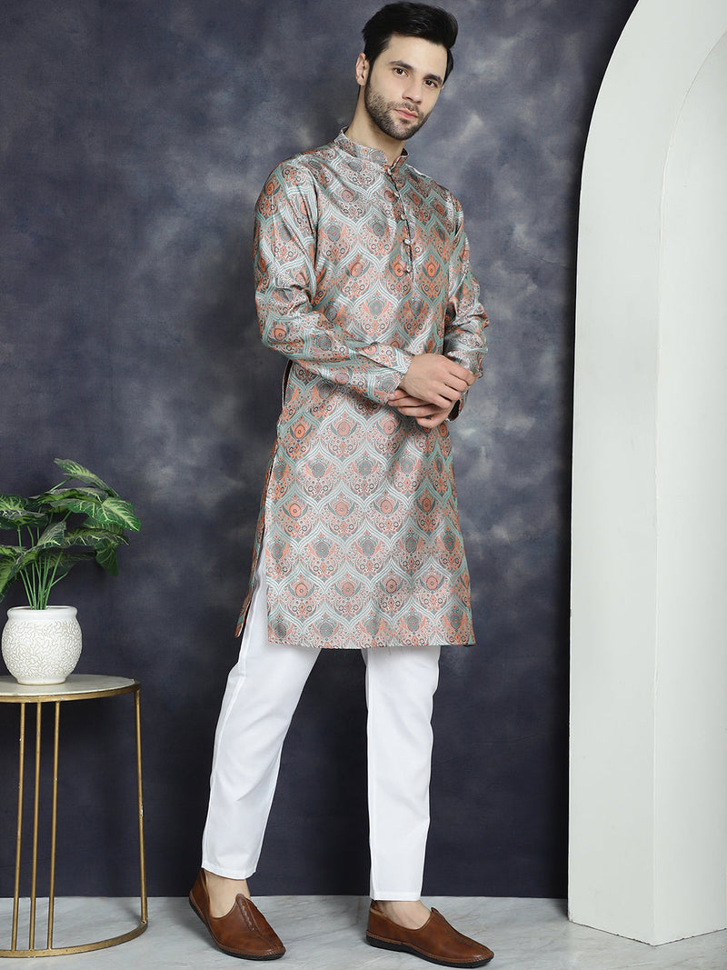 Men Silver Silk Blend Straight Kurta Pyjama Set ( JOKP P 5043Silver )