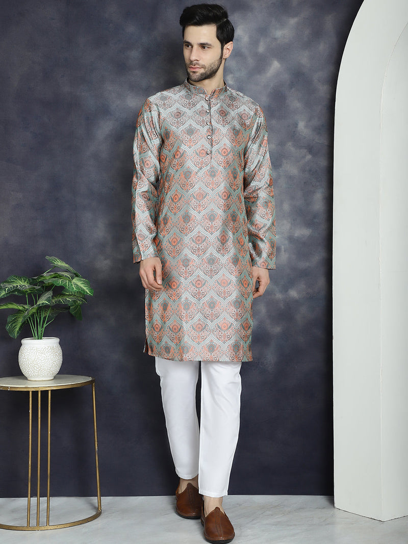 Men Silver Silk Blend Straight Kurta Pyjama Set ( JOKP P 5043Silver )