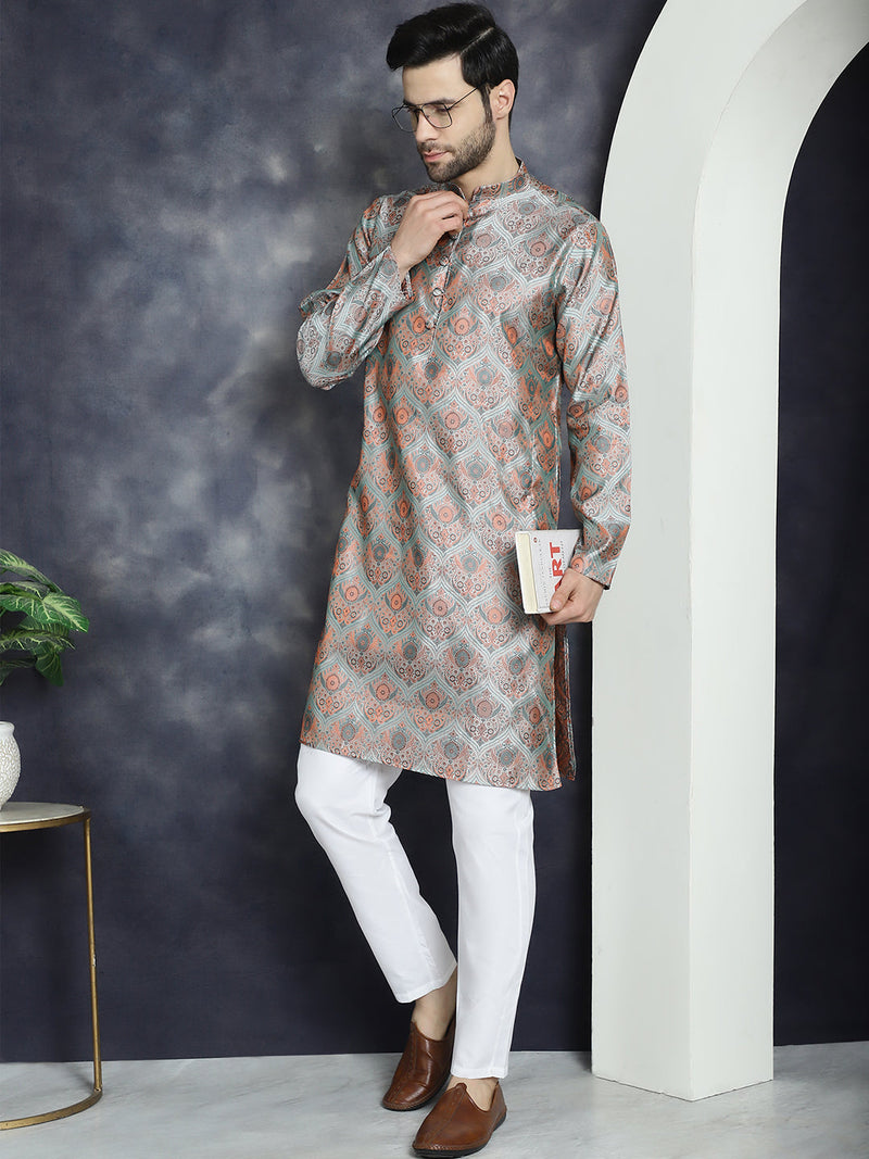 Men Silver Silk Blend Straight Kurta Pyjama Set ( JOKP P 5043Silver )