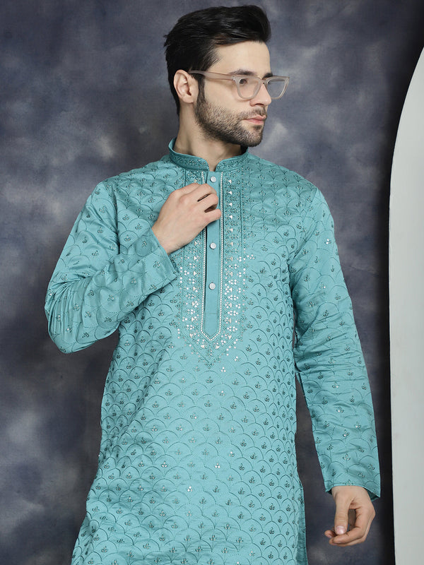 Men's Sequins Embroidered Kurta With Pyjama ( JOKP P 5044Blue )