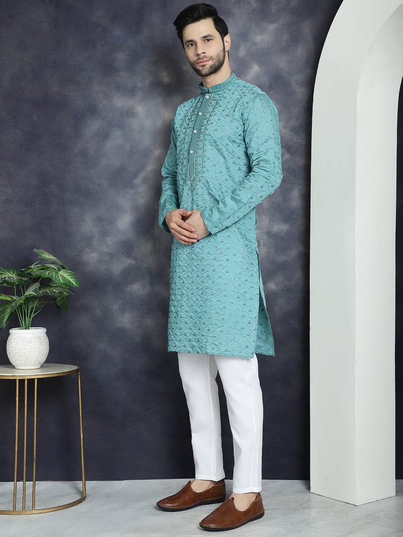 Men's Sequins Embroidered Kurta With Pyjama ( JOKP P 5044Blue )