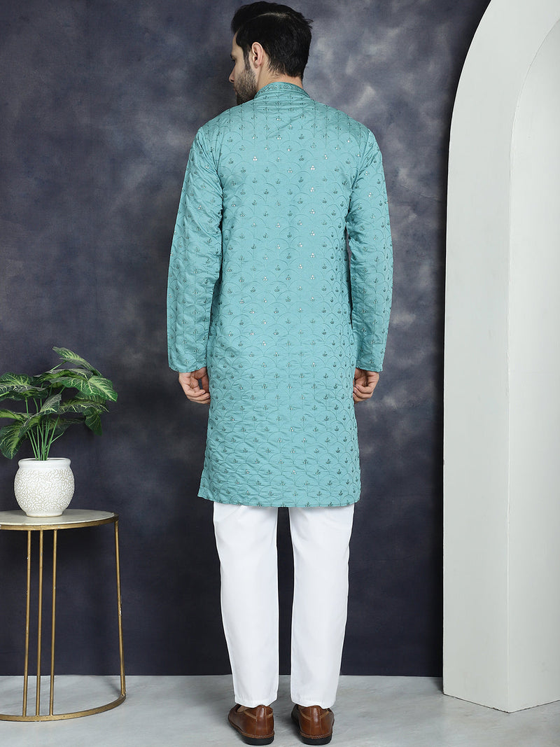 Men's Sequins Embroidered Kurta With Pyjama ( JOKP P 5044Blue )