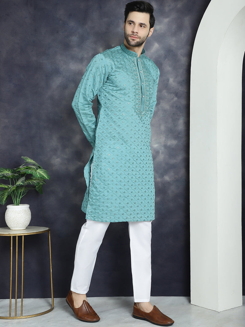 Men's Sequins Embroidered Kurta With Pyjama ( JOKP P 5044Blue )