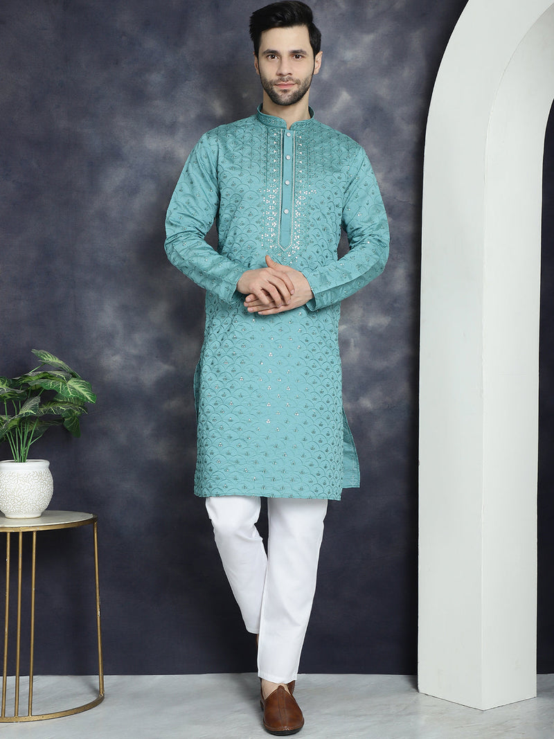 Men's Sequins Embroidered Kurta With Pyjama ( JOKP P 5044Blue )