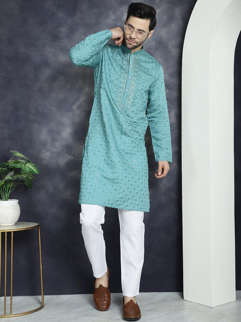 Men's Sequins Embroidered Kurta With Pyjama ( JOKP P 5044Blue )