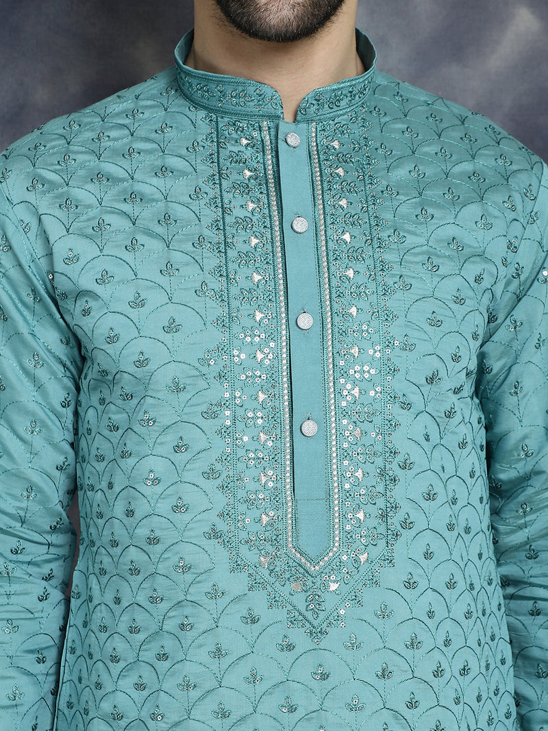 Men's Sequins Embroidered Kurta With Pyjama ( JOKP P 5044Blue )