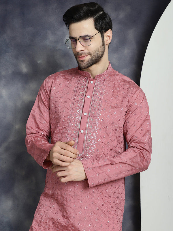 Men's Sequins Embroidered Kurta With Pyjama ( JOKP P 5044Coral )