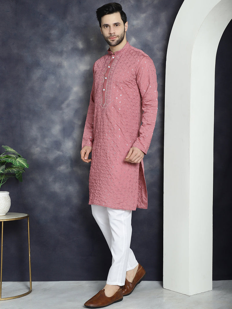 Men's Sequins Embroidered Kurta With Pyjama ( JOKP P 5044Coral )