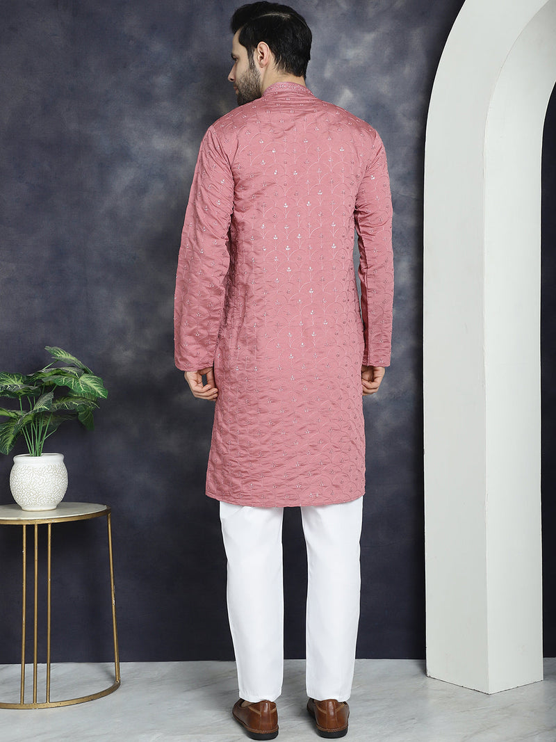 Men's Sequins Embroidered Kurta With Pyjama ( JOKP P 5044Coral )