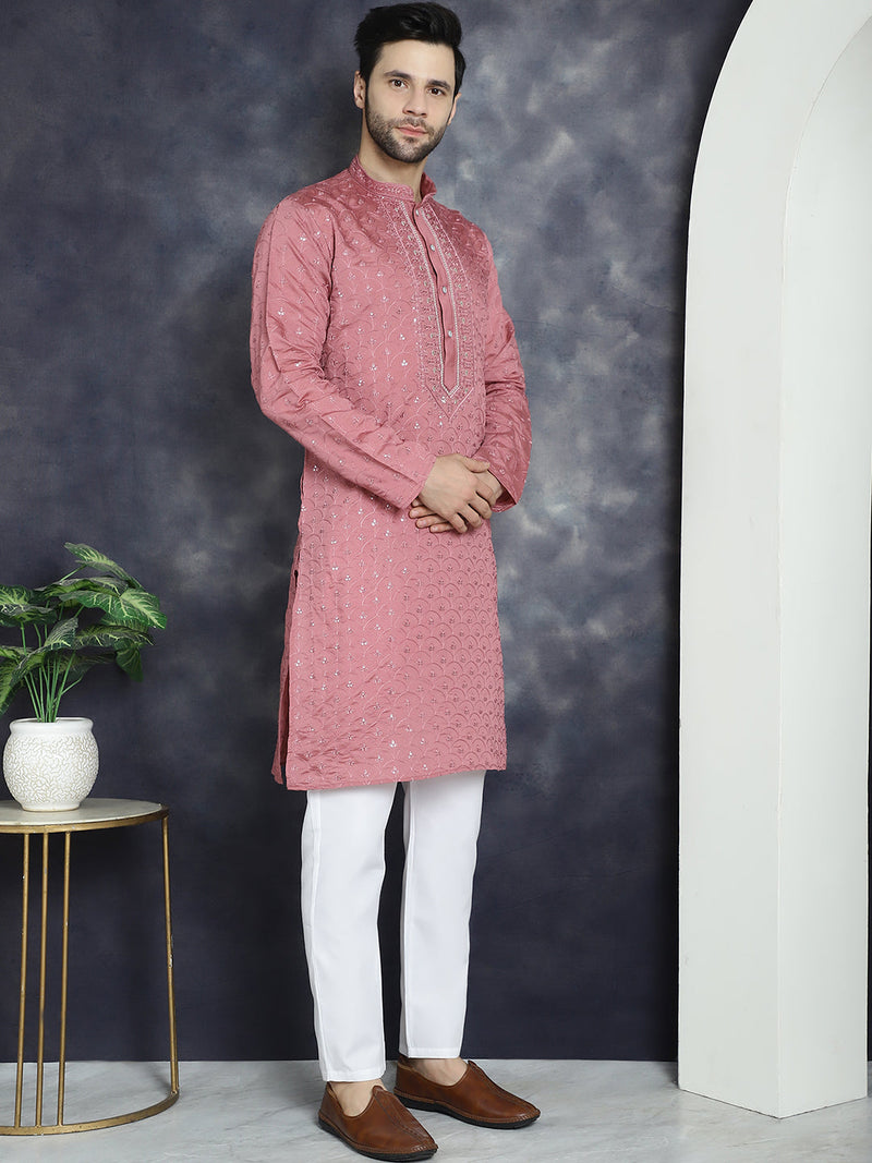 Men's Sequins Embroidered Kurta With Pyjama ( JOKP P 5044Coral )