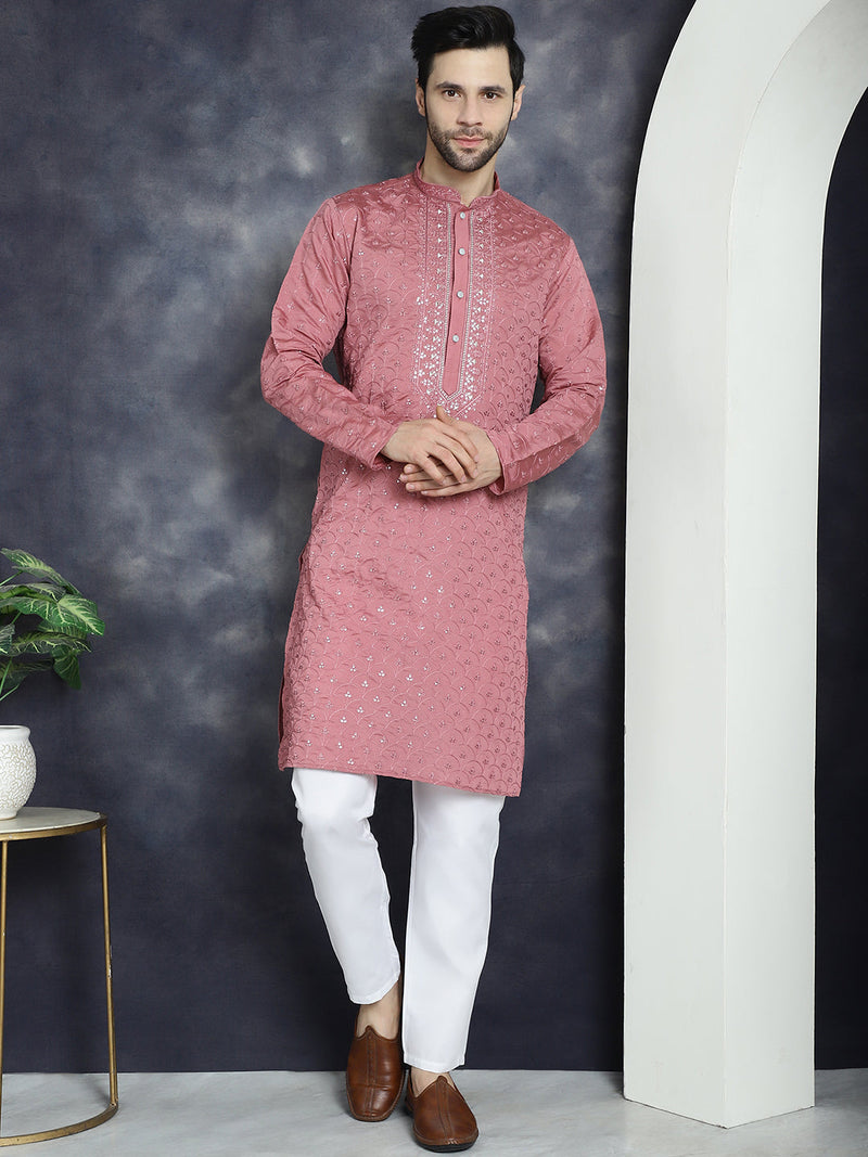 Men's Sequins Embroidered Kurta With Pyjama ( JOKP P 5044Coral )