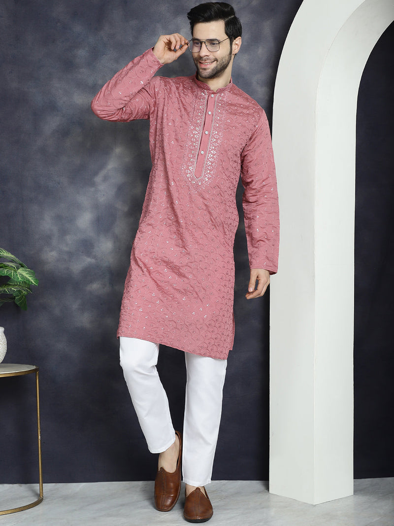 Men's Sequins Embroidered Kurta With Pyjama ( JOKP P 5044Coral )