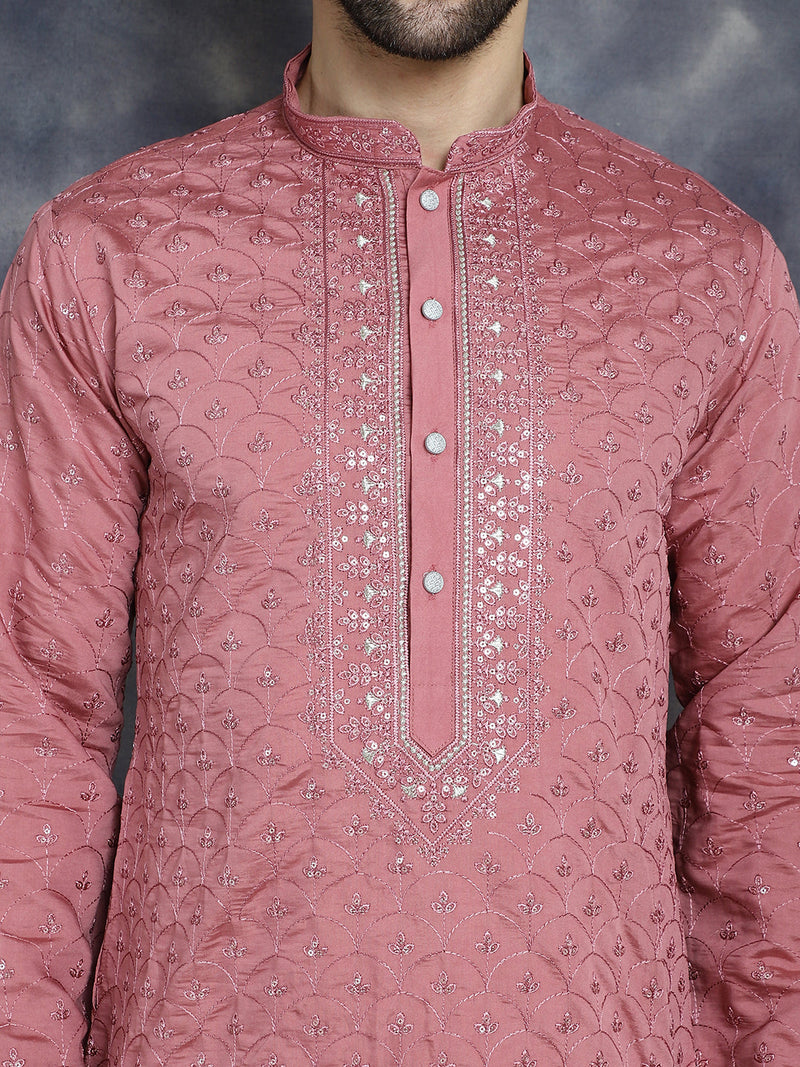 Men's Sequins Embroidered Kurta With Pyjama ( JOKP P 5044Coral )