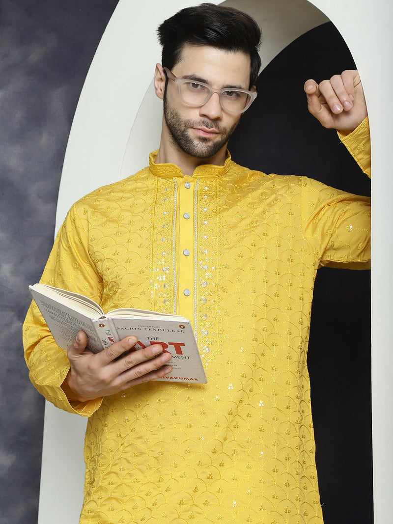 Men's Sequins Embroidered Kurta With Pyjama ( JOKP P 5044Mustard )