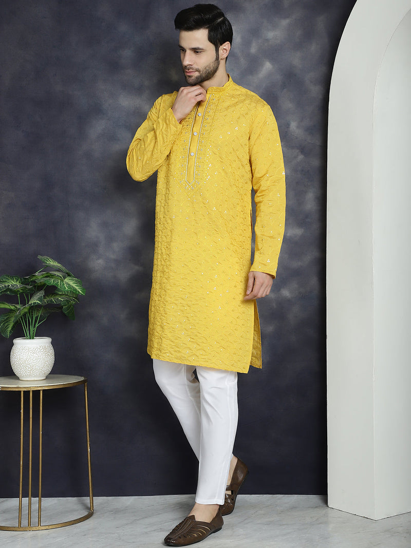 Men's Sequins Embroidered Kurta With Pyjama ( JOKP P 5044Mustard )