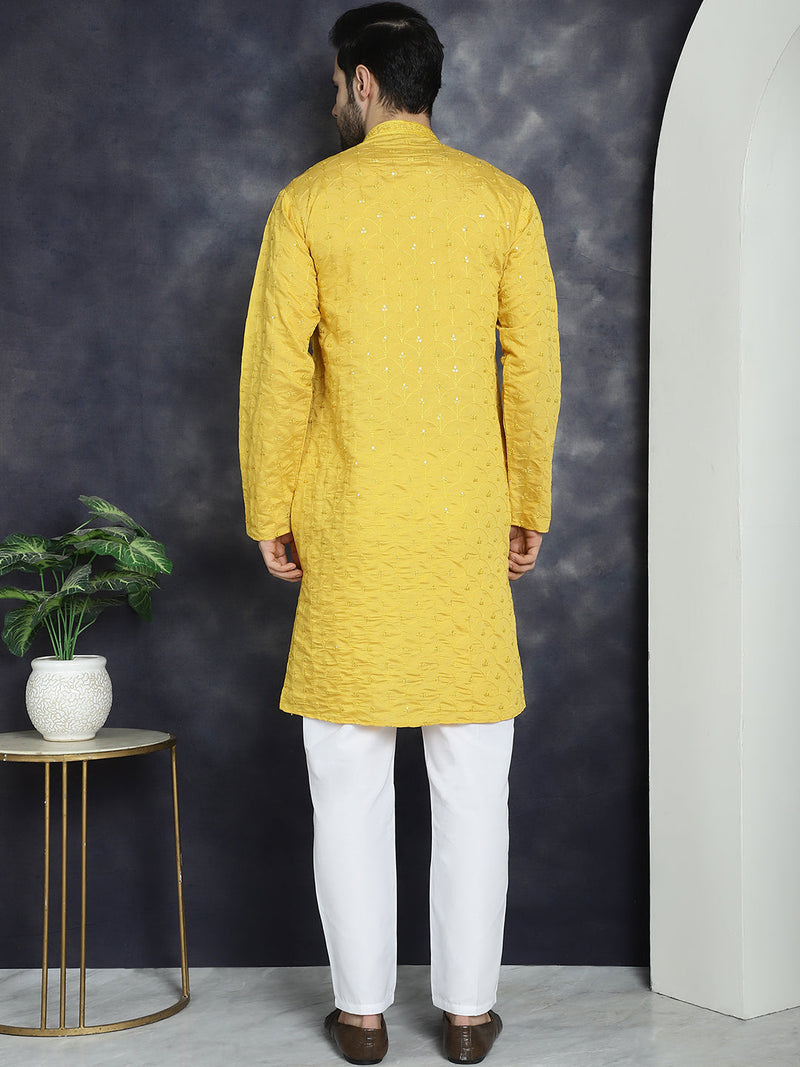 Men's Sequins Embroidered Kurta With Pyjama ( JOKP P 5044Mustard )