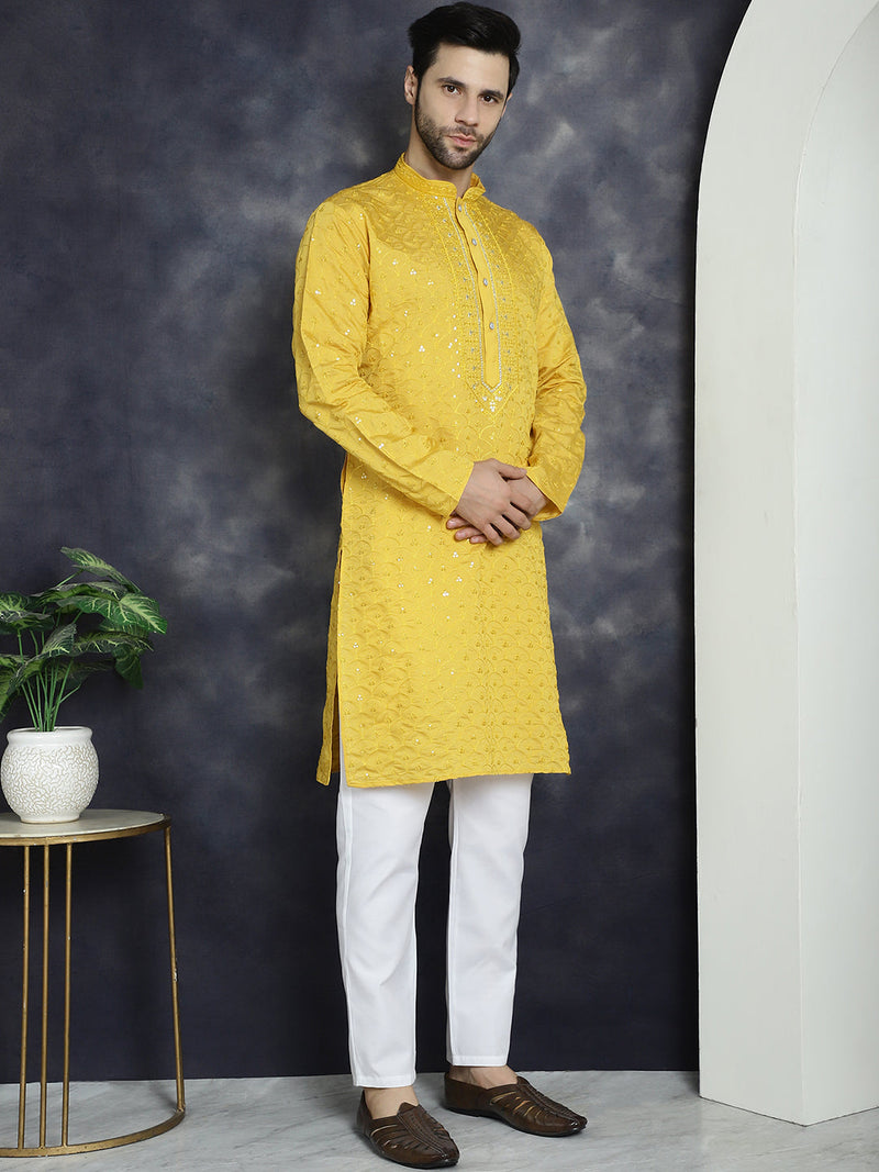 Men's Sequins Embroidered Kurta With Pyjama ( JOKP P 5044Mustard )