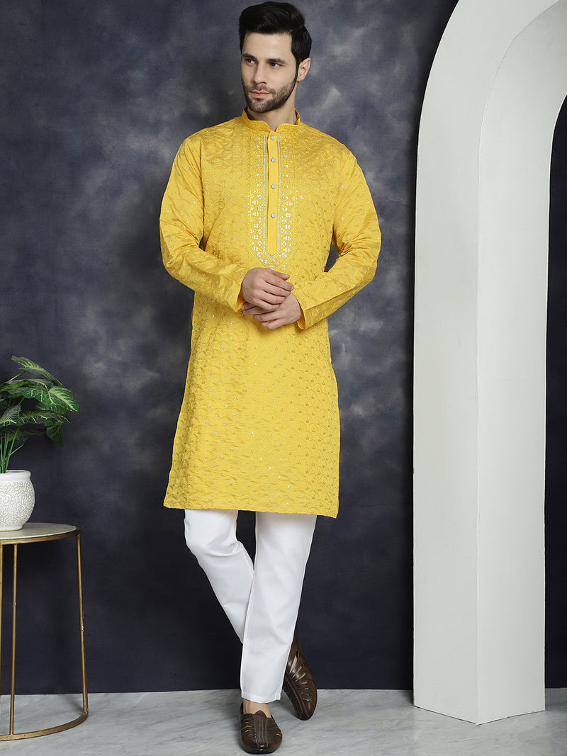 Men's Sequins Embroidered Kurta With Pyjama ( JOKP P 5044Mustard )