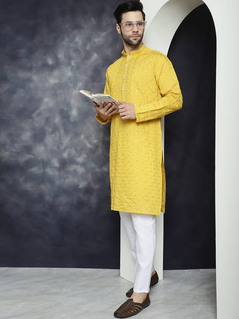 Men's Sequins Embroidered Kurta With Pyjama ( JOKP P 5044Mustard )