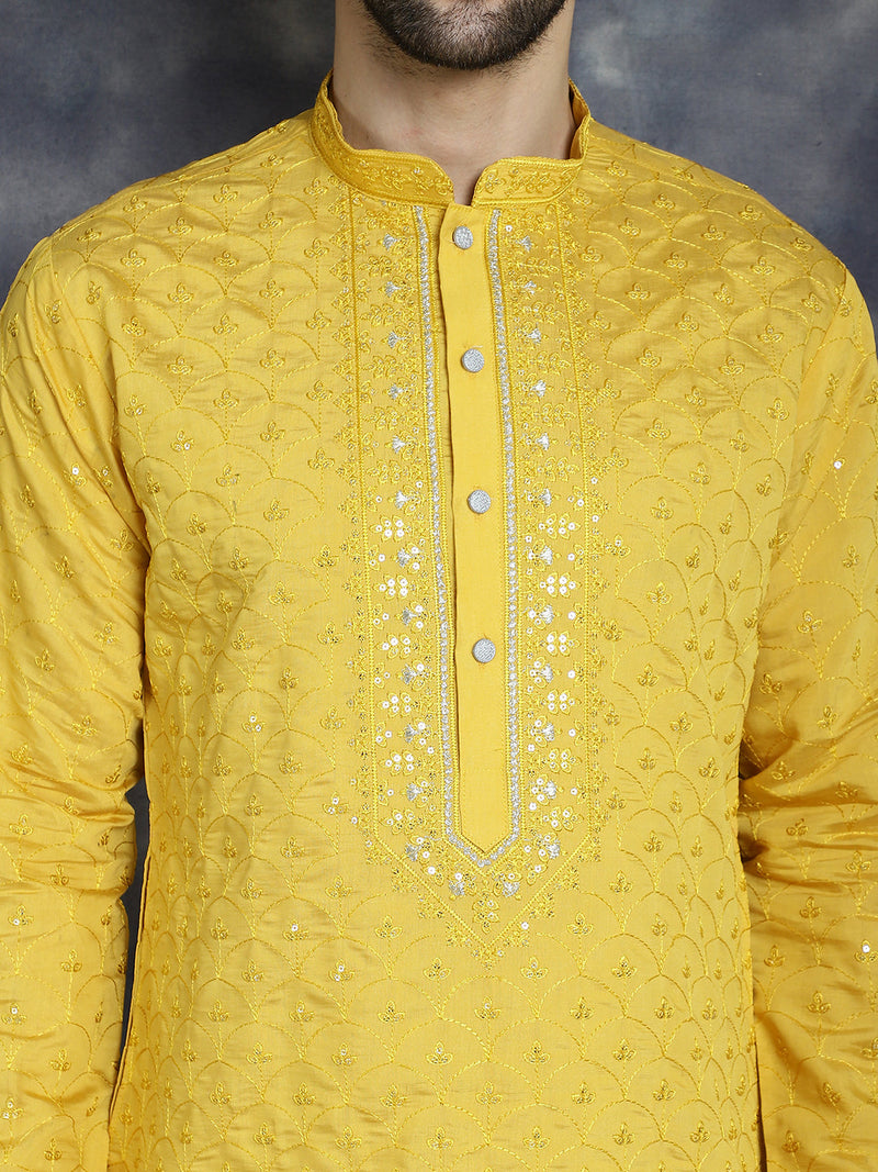 Men's Sequins Embroidered Kurta With Pyjama ( JOKP P 5044Mustard )