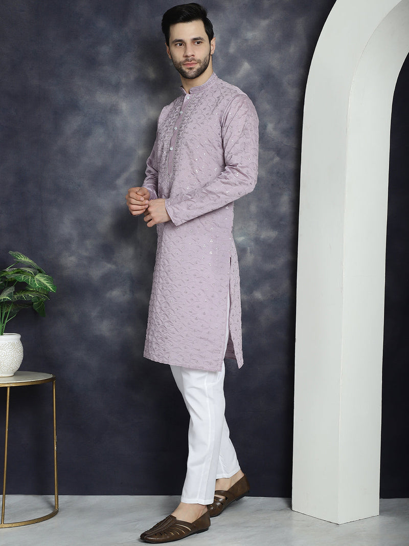 Men's Sequins Embroidered Kurta With Pyjama ( JOKP P 5044Purple )